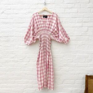 Nicholas || Smocked Panel Midi Dress Pink Plaid 12